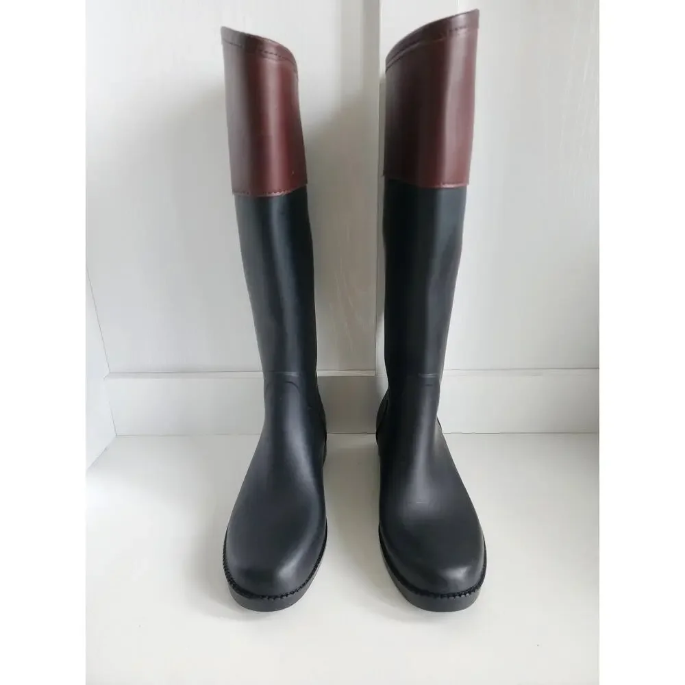 Tory Burch Diana Tall Rubber Rain Boots Womens Size‎ 6 Logo Black Brown Logo